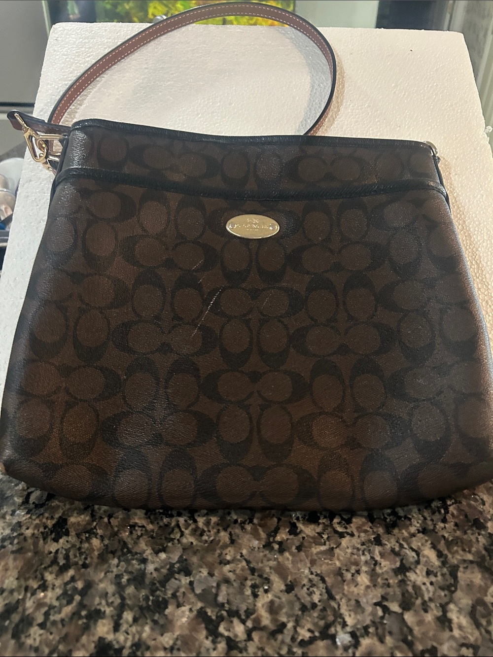 Coach Brown Signature Monogram Crossbody with Gold Accent